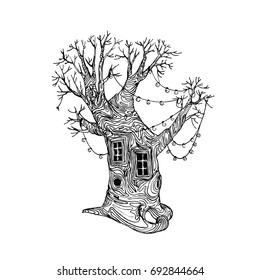  tree without leaves with garlands and windows. Graphic drawing