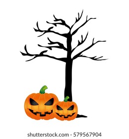 Tree without leaves and halloween pumpkins