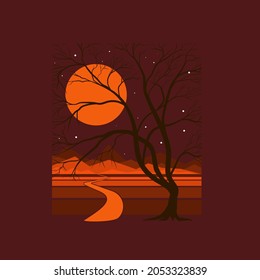 a tree without leaves on the background of mountains and an orange moon at night. Vector.
