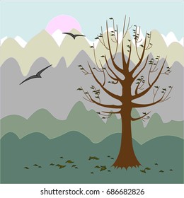 A tree without leaves. Philosophical mood. Autumn background. Vector illustration.
