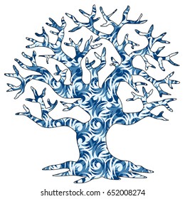 Tree without leaves silhouette, blue-vector