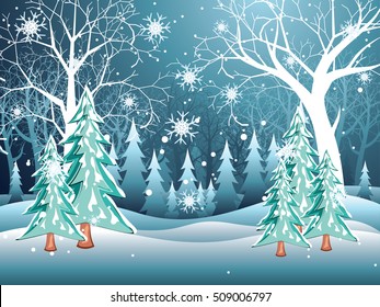 Tree without leaves in snowy forest, winter landscape.