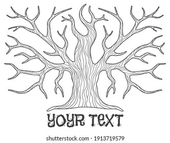 A tree without leaves, a template for the logo of a dead or dry tree. Decorative graphics. Contour. Isolated on a white background.
