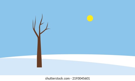 Tree without leaves in winter in a snowy field