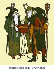 Tree wizards.File contains images of tree wizards with pot. Illustration.Etching style.