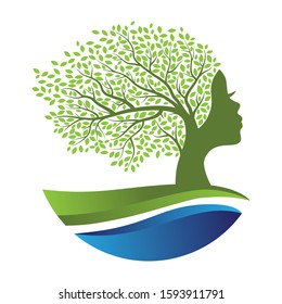 tree with woman face growing from abstract green landscape with water wave, vector