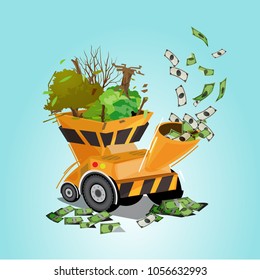 tree and wood into processing machine  or pulverizer machine with money as output. damage world for money. saving the tree concept  - vector illustration