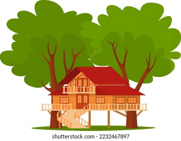 Tree wood playhouse with nature summer playground design for kids, vector illustration. Cute house building, outdoors ladder to children home