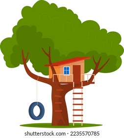 Tree wood playhouse with nature summer playground design for kids, vector illustration. Cute house building, outdoors ladder to children home