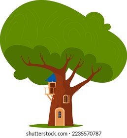 Tree wood playhouse with nature summer playground design for kids, vector illustration. Cute house building, outdoors ladder to children home