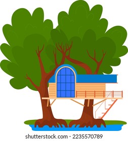 Tree wood playhouse with nature summer playground design for kids, vector illustration. Cute house building, outdoors ladder to children home