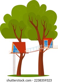 Tree wood playhouse with nature summer playground design for kids, vector illustration. Cute house building, outdoors ladder to children home