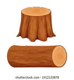 Tree wood stump and cut log isolated on white background in cartoon style stock vector illustration. Detailed and textured objects, set carpentry, lumberjack elements