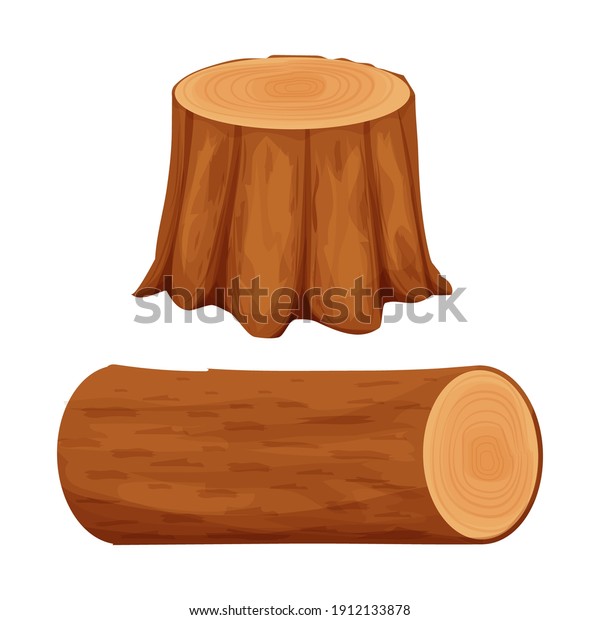 Tree wood stump and cut\
log isolated on white background in cartoon style stock vector\
illustration. Detailed and textured objects, set carpentry,\
lumberjack elements
