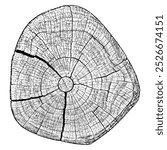 Tree wood texture. Wooden old trunk. Cut timber log. Abstract rings nature pattern. Black circle stump. Wood cross section. Vector illustration. EPS 10.