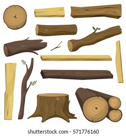 Tree wood trunk vector set chopped firewood logs and wooden stump in forest isolated illustration. 