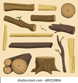 Tree wood trunk vector set wooden stump chopped firewood logs in forest isolated illustration. 
