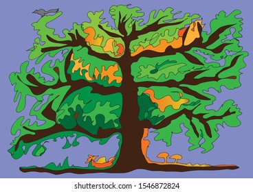 The Tree of World. Artistic illustration a symbol of nature: a tree with squatting bird, squirrel and mushrooms. It can be used as a greeting card, background, decorative fabric pattern, wallpaper. 