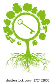 Tree world globe ecology vector background concept with roots and key