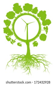 Tree world globe ecology vector background concept with roots and wind generator
