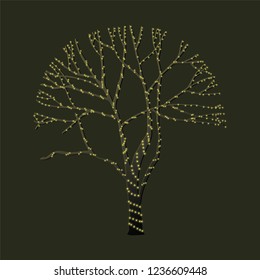 A tree wrapped by a glowing garland. Christmas tree decoration. Winter tree. Garland with light bulbs.