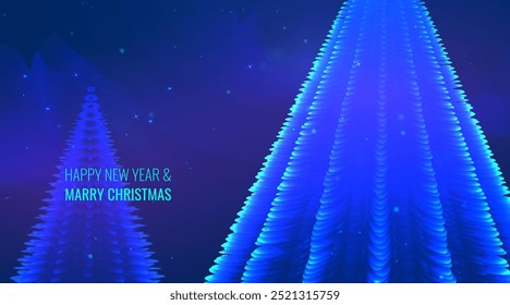 Efecto de neón de luz de Navidad de árbol para tarjeta de regalo de Navidad. Árbol de diseño digital para saludos de Año Nuevo. Elemento de tecnología cibernética en un estilo futurista