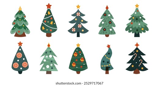 Tree Xmas. Merry Christmas decorations. Winter patterns. Snow and holiday gifts, ribbon and star on pine trees, vintage design. Decorative element for posters and cards. Vector retro tidy New Year