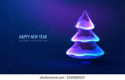 Tree xmas neon effect for christmas gritting card. Digital design tree for New Year greetings. Cyber technology element in a futuristic style