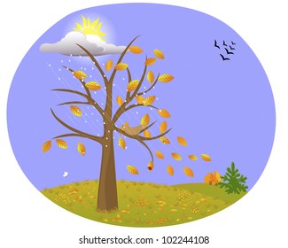 The tree with yellow leaves on the background of the autumn landscape and the birds flying away. Vector Illustration.