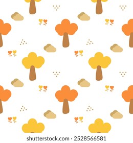 Tree yellow and orange cartoon so cute. On cloud flower white background. Pattern seamless vector illustration. 