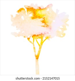 tree yellow watercolor silhouette, on white background, isolated