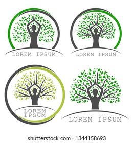 Tree yoga logo set. Silhouette of a person in meditation. The image of nature, the tree of life. Design of the emblem of the trunk, leaves, crown and roots of the tree. Below the horizon line is an in