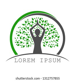 Tree yoga logo. Silhouette of a person in meditation in a round frame. The image of nature, the tree of life. Design of the emblem of the trunk, leaves, crown and roots of the tree.