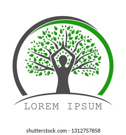 Tree yoga logo. Silhouette of a person in meditation in a round frame. The image of nature, the tree of life. Design of the emblem of the trunk, leaves, crown and roots of the tree.