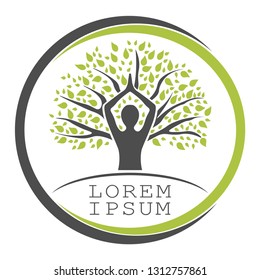 Tree yoga logo. Silhouette of a person in meditation in a round frame. The image of nature, the tree of life. Design of the emblem of the trunk, leaves, crown and roots of the tree.