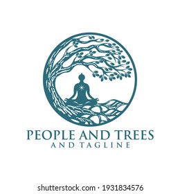 Tree yoga logo. Silhouette of a person in meditation in a round frame. The image of nature, the tree of life. Design of the emblem of the trunk, leaves, crown and roots of the tree.Yoga logo vector, 