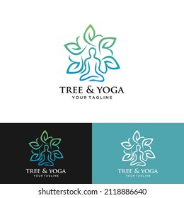 Tree yoga logo. Silhouette of a person in meditation in a round frame. The image of nature, the tree of life. Design of the emblem of the trunk, leaves, crown and roots of the tree.Yoga logo vector,