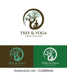 Tree yoga logo. Silhouette of a person in meditation in a round frame. The image of nature, the tree of life. Design of the emblem of the trunk, leaves, crown and roots of the tree.Yoga logo vector,