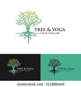 Tree yoga logo. Silhouette of a person in meditation in a round frame. The image of nature, the tree of life. Design of the emblem of the trunk, leaves, crown and roots of the tree.Yoga logo vector,