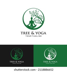 Tree yoga logo. Silhouette of a person in meditation in a round frame. The image of nature, the tree of life. Design of the emblem of the trunk, leaves, crown and roots of the tree.Yoga logo vector,