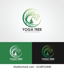 Baum-Yoga-Logo. Silhouette einer Person in Meditation in einem runden Rahmen. Das Bild der Natur, der Baum des Lebens. Design des Emblems des Stamm, Blätter, Krone und Wurzeln des Baums.Yoga-Logo-Vektorgrafik,