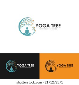 Baum-Yoga-Logo. Silhouette einer Person in Meditation in einem runden Rahmen. Das Bild der Natur, der Baum des Lebens. Design des Emblems des Stamm, Blätter, Krone und Wurzeln des Baums.Yoga-Logo-Vektorgrafik,