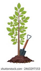 Tree. A young garden plant. There is a shovel sticking out of the ground. Illustration used for collage and web design. Theme garden and vegetable garden, agronomy, ecology, hobby, agriculture. Vector