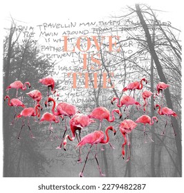 tree-figure print pattern consisting of flamingo and text suitable for textiles, white background