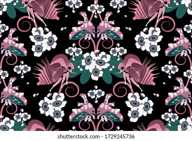 Treehopper and flowers. Vector, seamless picture, easy to change color. This pattern is suitable for fabrics, t-shirts, gift wrapping, postcards and other printing surfaces.