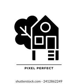 Treehouse black glyph icon. Building constructed on tree. Forest house for recreation. Real estate. Home for kid. Silhouette symbol on white space. Solid pictogram. Vector isolated illustration
