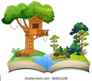 Treehouse by the river on a book illustration
