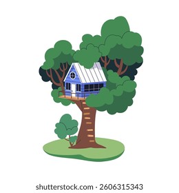 Treehouse cabin. Tree house, cozy wood shelter, summer holiday hut among leaves and branches. Garden vacation chalet with stairs, balcony. Flat vector illustration isolated on white background