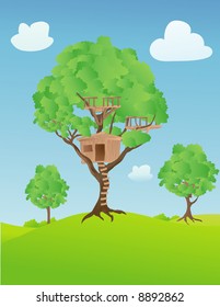 Treehouse in the countryside on a sunny day with a few clouds in the sky