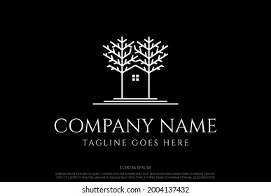 Treehouse House Cabin Tree Forest Line Real Estate Logo Design Vector